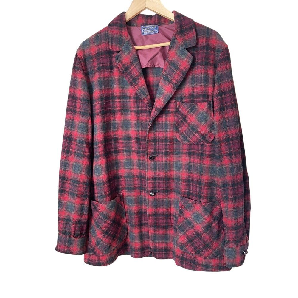 Pendleton VIRGIN WOOL Red Shadow Plaid Vintage‎ Jacket Blazer Men's Size LARGE